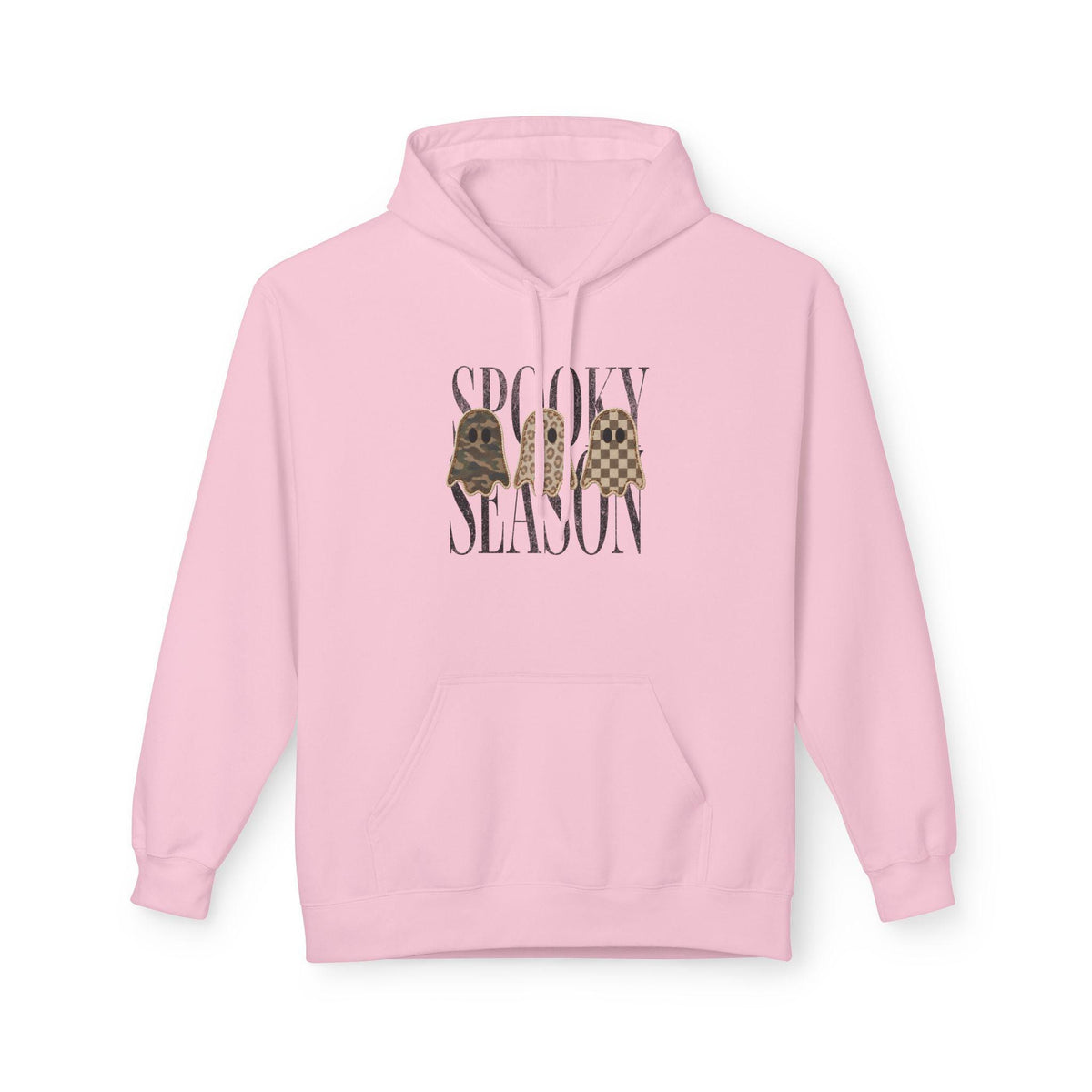 Pink graphic hoodie featuring a spooky season design with playful ghosts and a cozy front pocket
