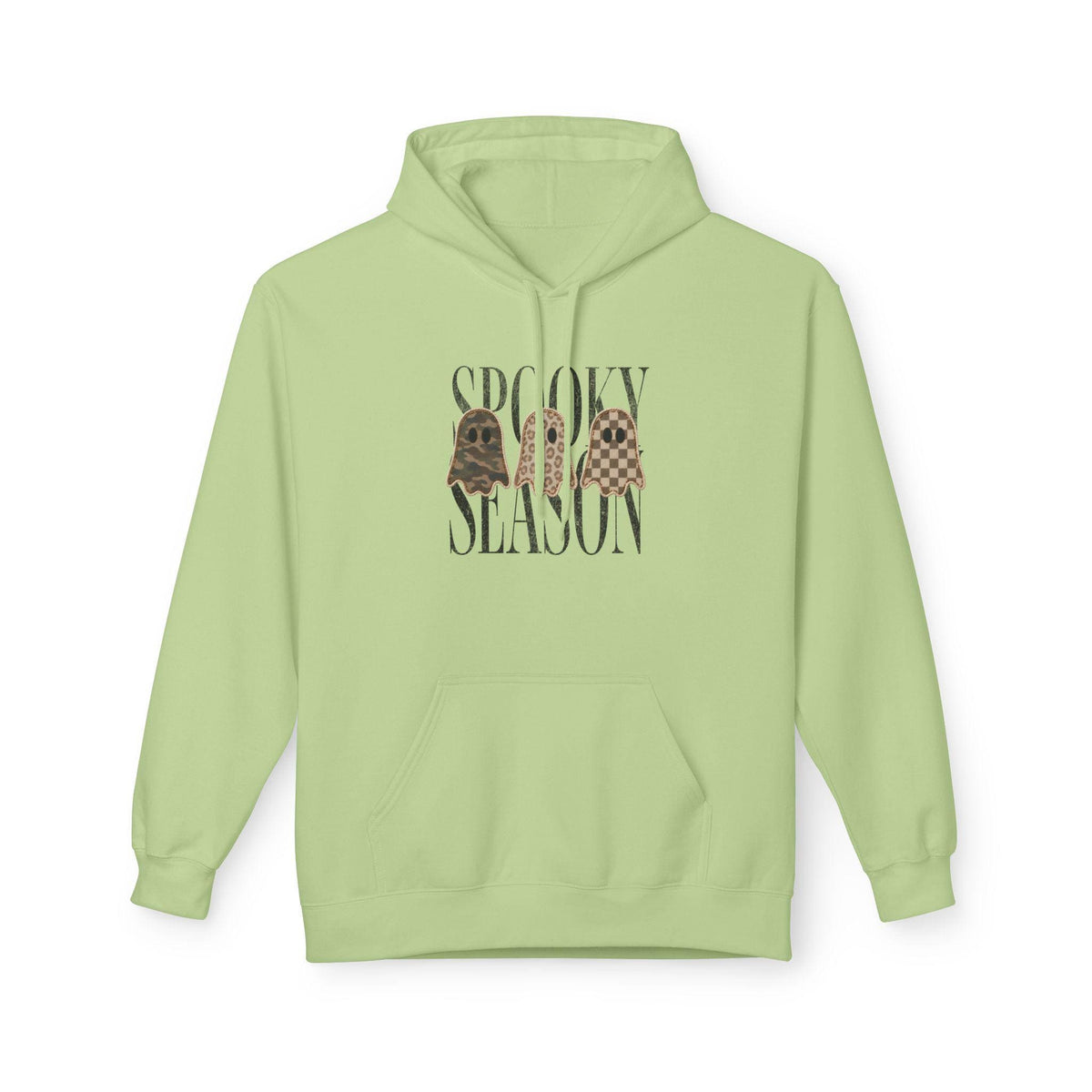 Light green graphic hoodie with a front Spooky Season design featuring three vintage ghost illustrations and a cozy pullover fit for fall Halloween style