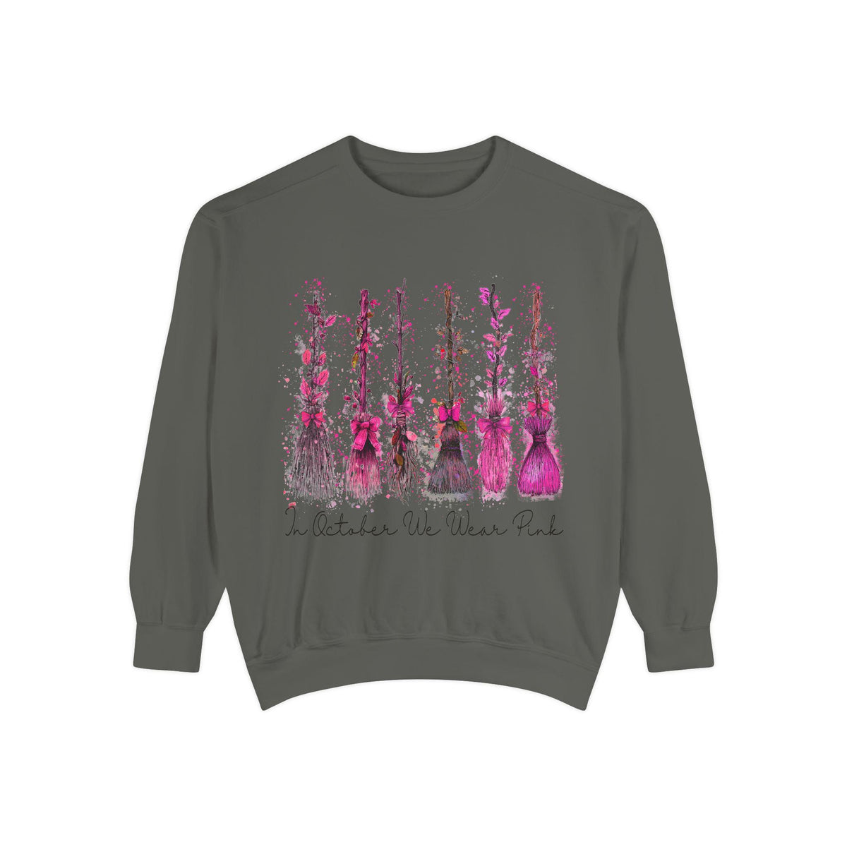 Gray women's crewneck sweatshirt with pink floral breast cancer awareness ribbon artwork and script text for seasonal fashion from Printify