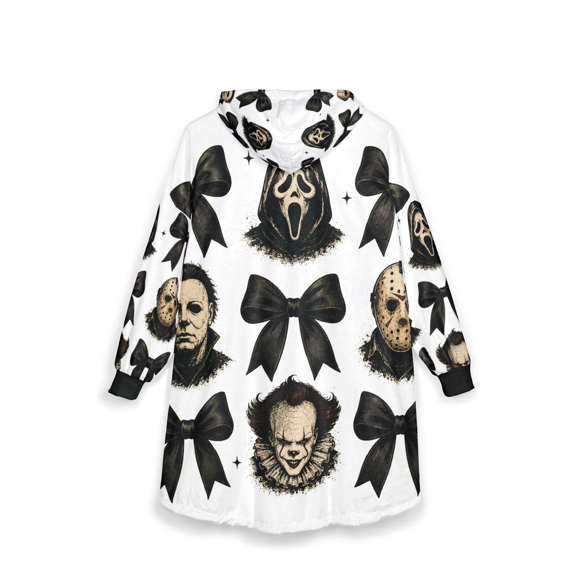 White hooded blanket featuring black bows and horror character portraits including Michael Myers Jason Voorhees Ghostface and Pennywise