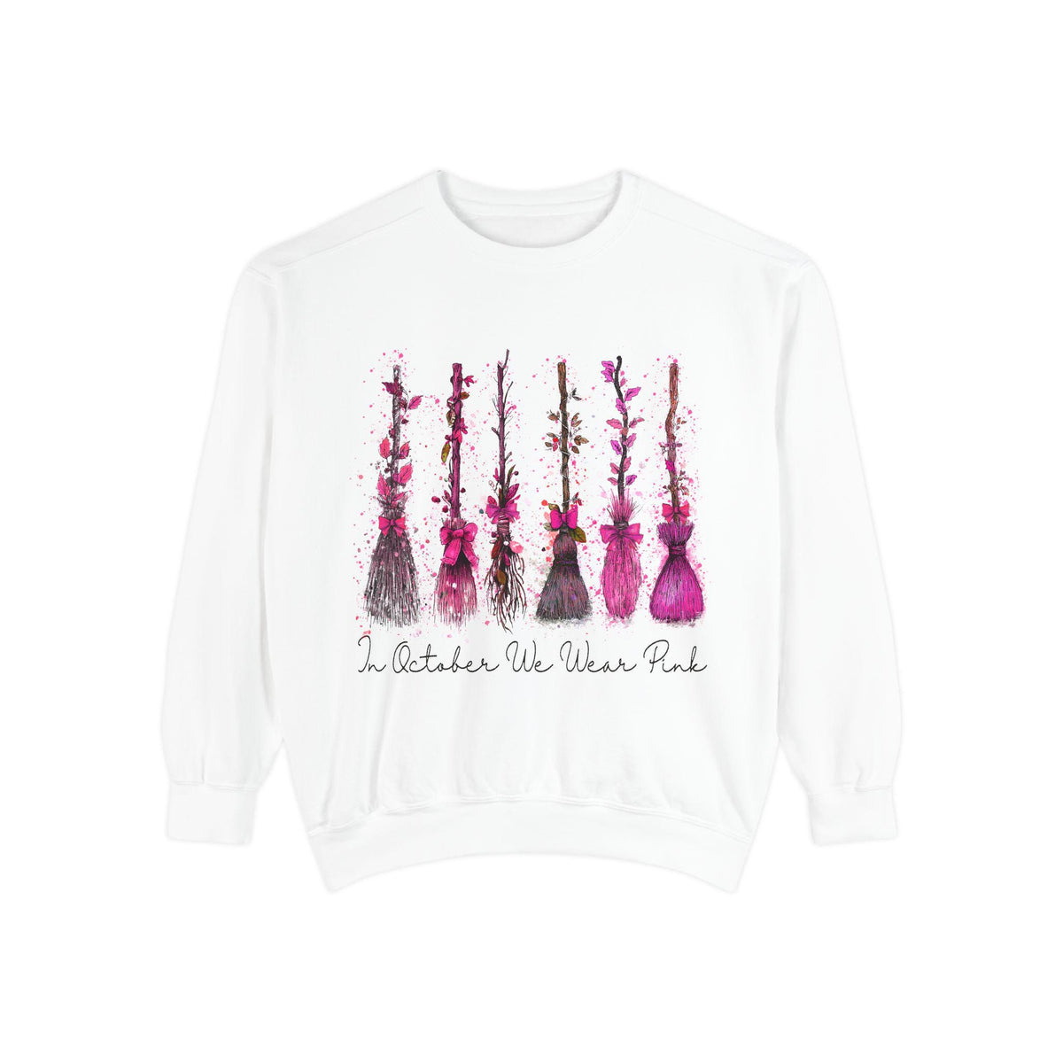 White crewneck sweatshirt with five hand painted pink floral stems and the message In October We Wear Pink for breast cancer awareness fashion