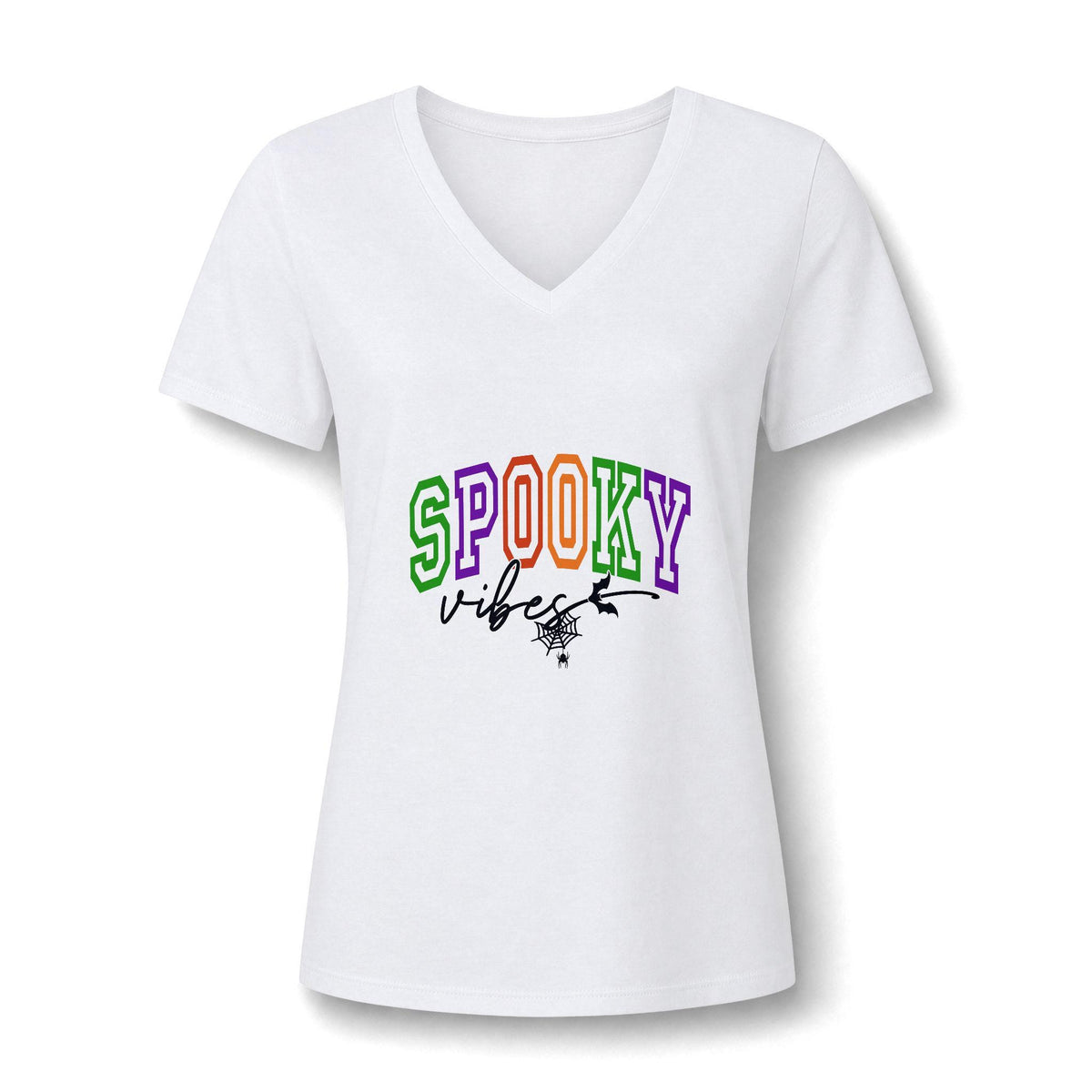 White women's fashion graphic tee with a V neck, colorful collegiate style SPOOKY lettering, black vibes script, and a small spiderweb Halloween design
