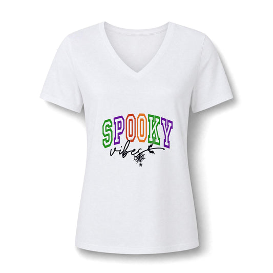 White women's fashion graphic tee with a V neck, colorful collegiate style SPOOKY lettering, black vibes script, and a small spiderweb Halloween design