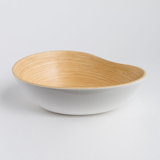 Asymmetrical bamboo serving bowl with a warm natural wood grain interior and white exterior for stylish home decor by DC-Bibol in Home and beyond