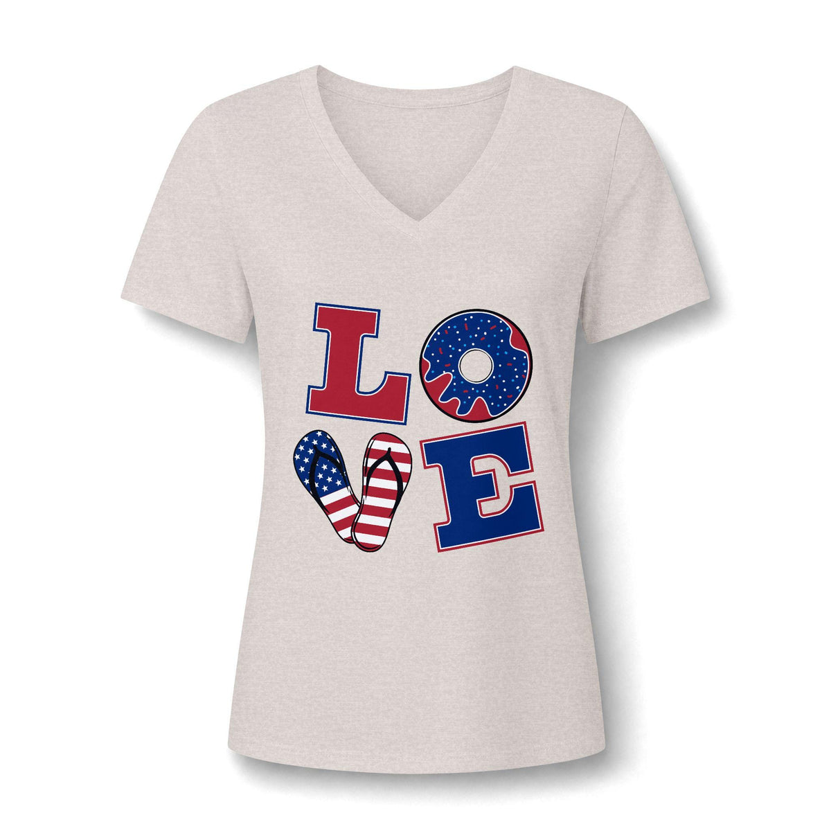 Womens patriotic graphic tee in soft heather gray with a V neck and LOVE lettering featuring American flag stripes and a donut inspired heart design