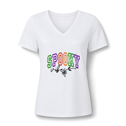 White women's V-neck graphic tee with colorful SPOOKY vibes lettering and a whimsical spiderweb design by Drizzle and Tizzle for Halloween style outfits