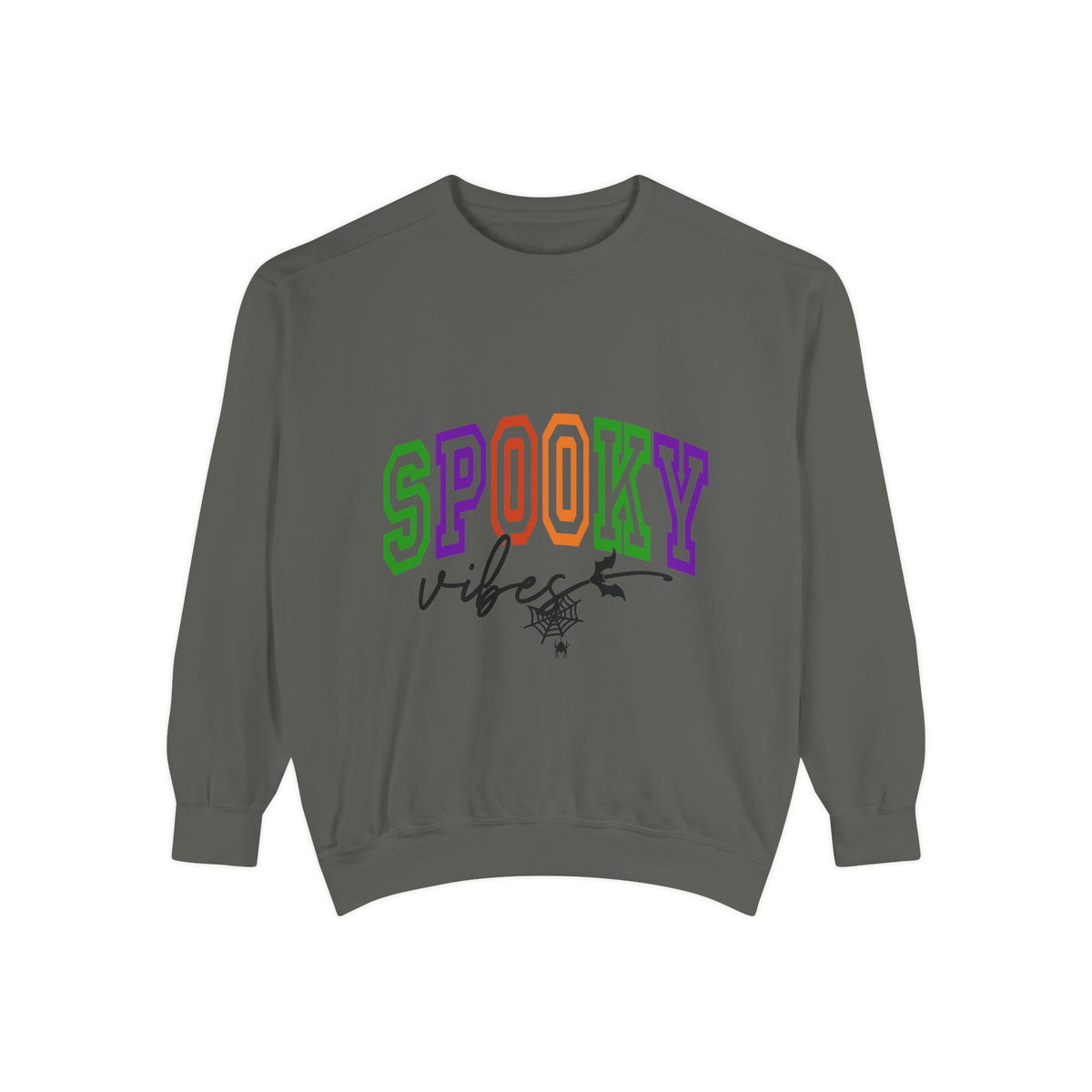 Dark gray sweatshirt with colorful SPOOKY Vibes lettering and a small black spider web graphic for seasonal women's fashion apparel