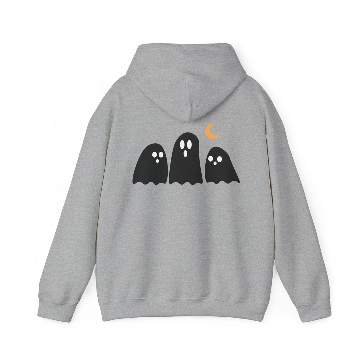 Gray hoodie back with three black ghost graphics and an orange crescent moon for cozy Halloween style from Drizzle and Tizzle Spooky Season collection
