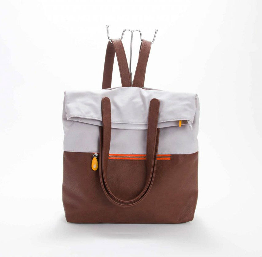 Gray and brown convertible backpack tote with dual shoulder straps and long carry handles from DC-Canopy Verde in Bags and Belts collection