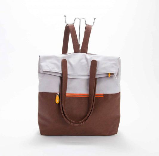 Gray and brown convertible backpack tote with dual shoulder straps and long carry handles from DC-Canopy Verde in Bags and Belts collection