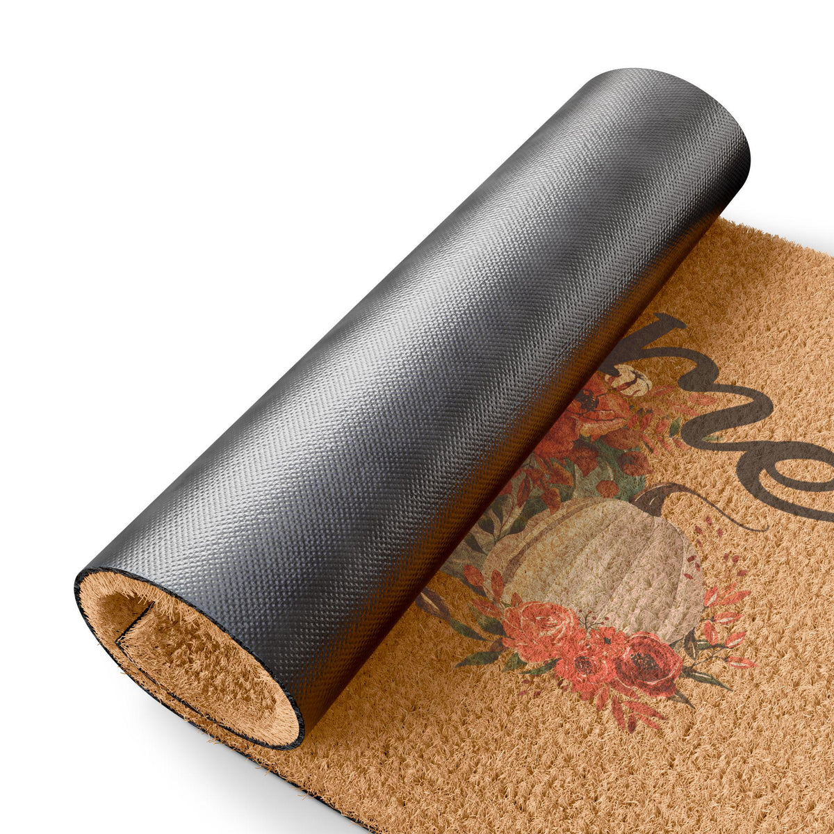Rolled coir doormat with autumn pumpkins faded florals and Welcome lettering for seasonal home decor from Drizzle and Tizzle in Home and beyond
