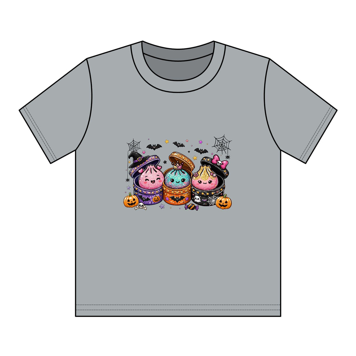 Gray youth graphic tee featuring three colorful Halloween dumpling characters in spooky costumes with pumpkins bats and cobwebs from Drizzle and Tizzle