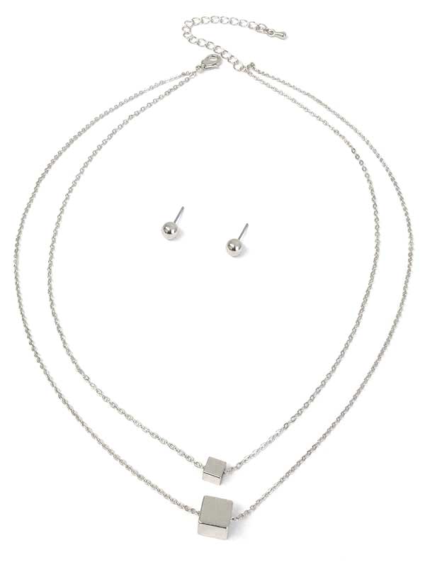 Silver double layer cube pendant necklace set with matching stud earrings from Fashion Hut Jewelry in the Jewelry collection