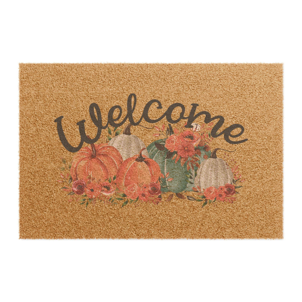 Autumn coir doormat featuring painted pumpkins faded florals and a hand lettered Welcome design from Drizzle and Tizzle for Home beyond seasonal home decor
