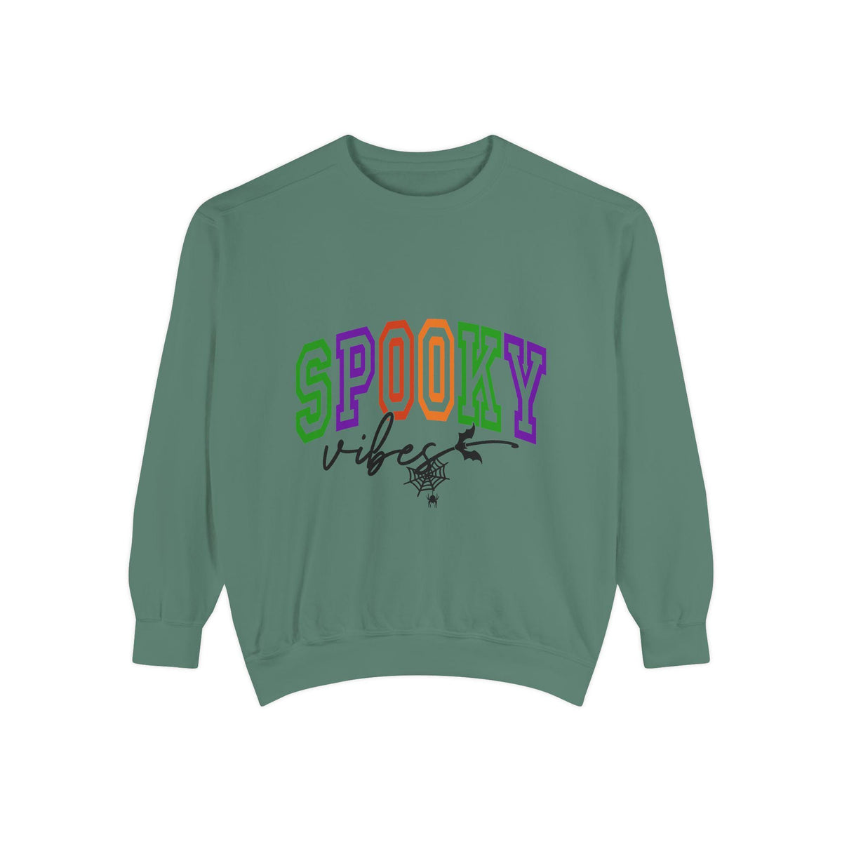 Green crewneck sweatshirt featuring colorful SPOOKY vibes lettering with a black witch hat and spiderweb graphic for a playful Halloween look