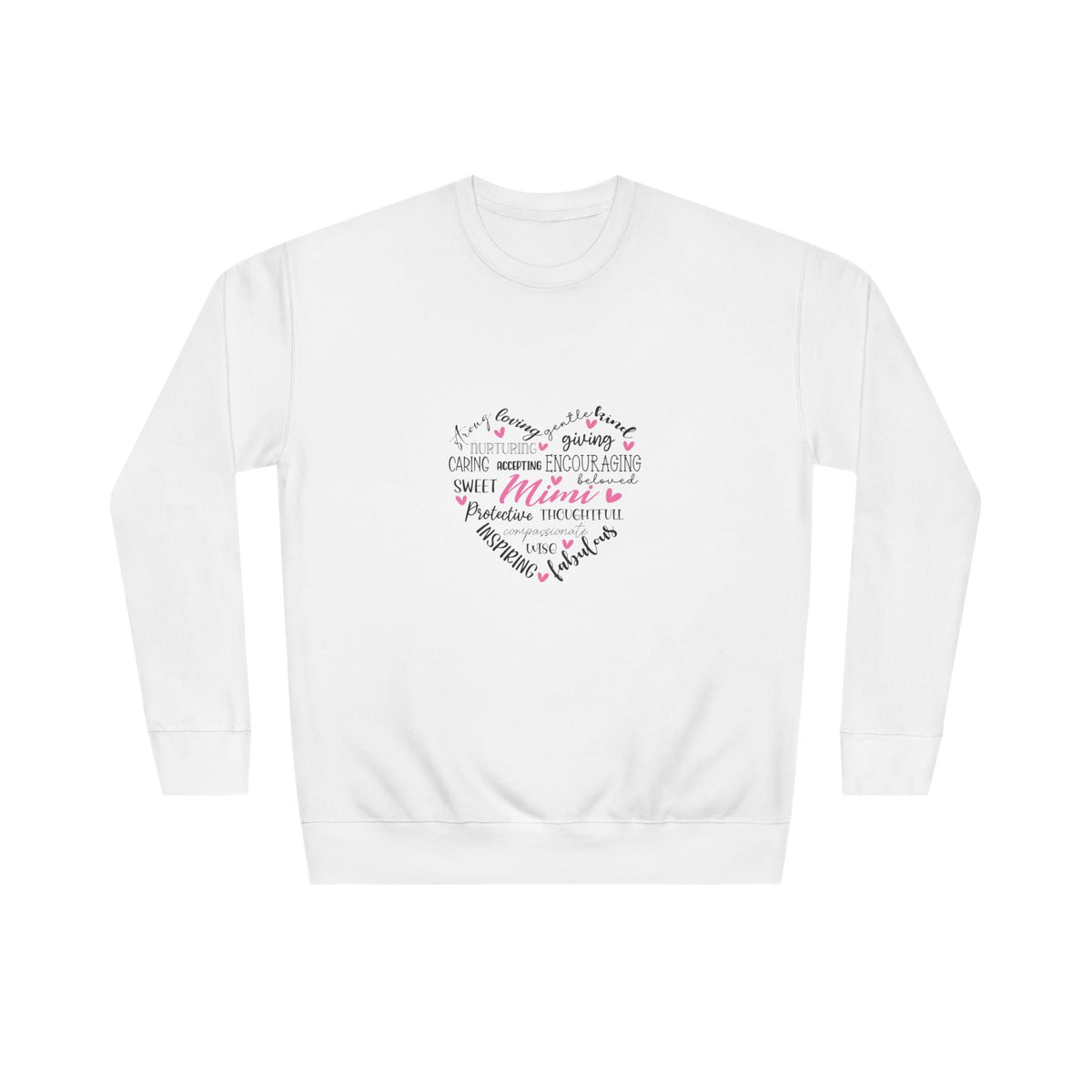 White crewneck sweatshirt with a heart shaped typography design centered on the word Mama and handwritten phrases celebrating motherhood