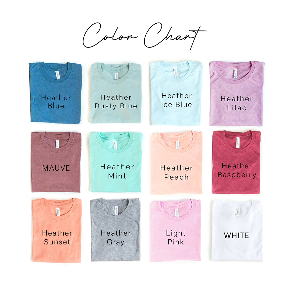 Color chart showing twelve folded cotton t shirts in Heather Blue Dusty Blue Ice Blue Lilac Mauve Mint Peach Raspberry Sunset Gray Light Pink and White