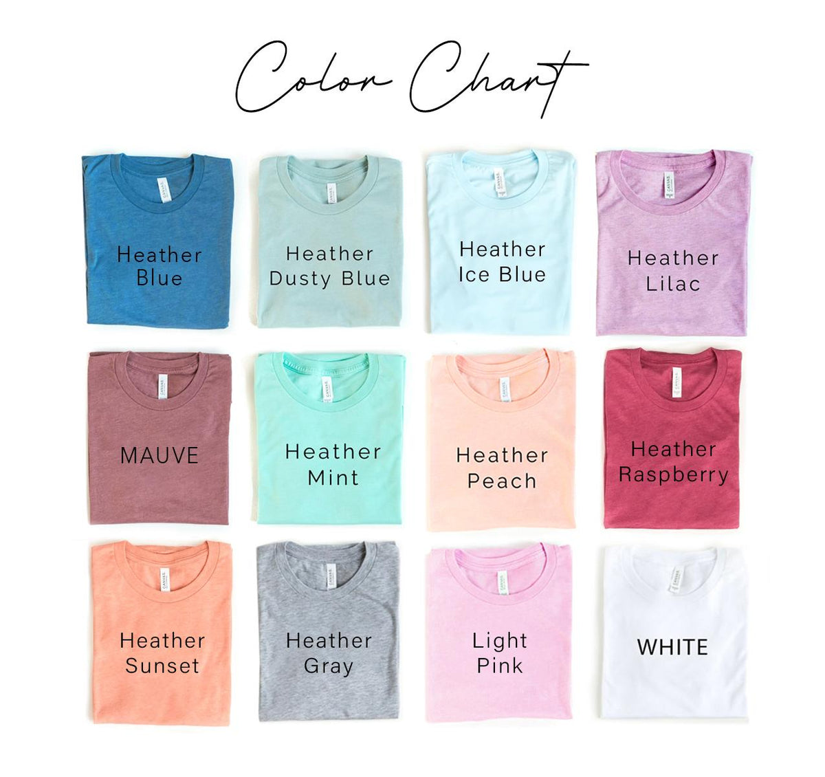 Faith T-Shirt color chart showing twelve women’s graphic tee shades including blue mint peach pink gray white lilac mauve and raspberry.