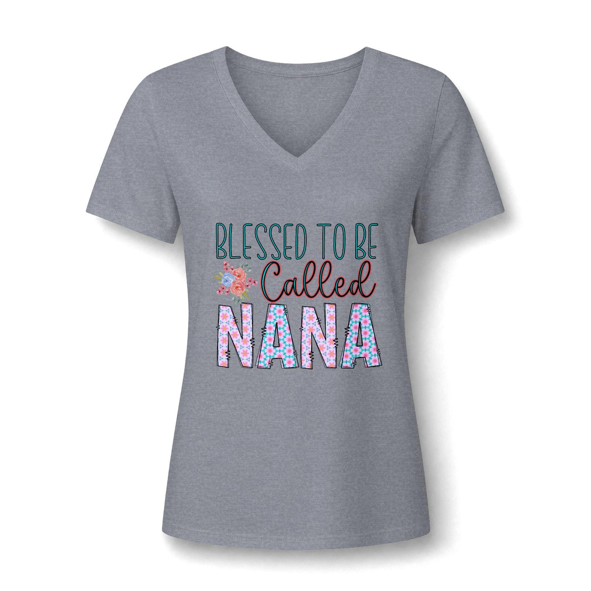 Gray womens V neck graphic tee with colorful floral lettering that reads Blessed to Be Called Nana for a cheerful everyday look and thoughtful gift for her