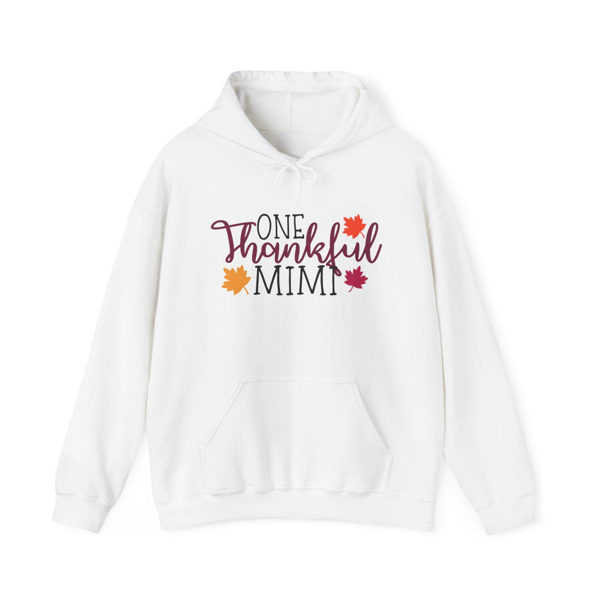 White cozy hooded sweatshirt featuring One Thankful Mimi lettering with colorful autumn leaves and a front pouch pocket for a festive fall look