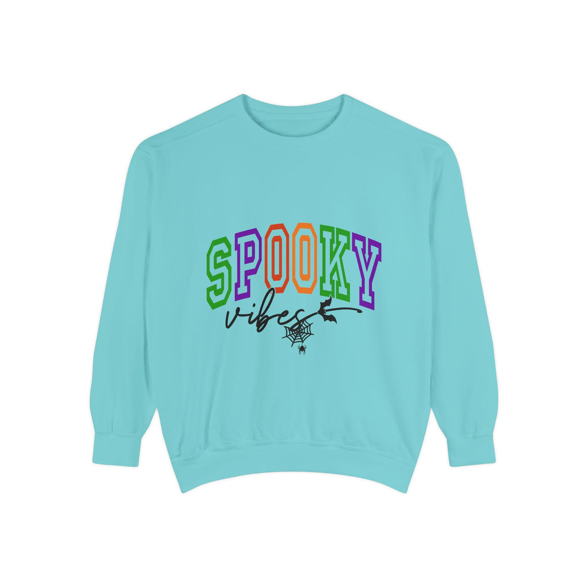 Turquoise sweatshirt featuring colorful SPOOKY lettering with a black witch hat and spider web graphic on the front