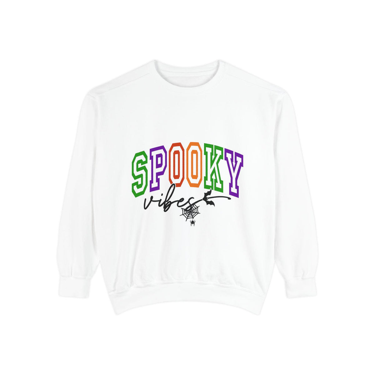 White sweatshirt with colorful varsity style SPOOKY vibes lettering and a playful spider web graphic for seasonal women’s fashion apparel