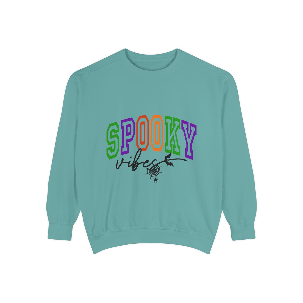 Teal pullover sweatshirt with colorful SPOOKY lettering and black vibes script above a witch hat and spider graphic for seasonal women's fashion apparel
