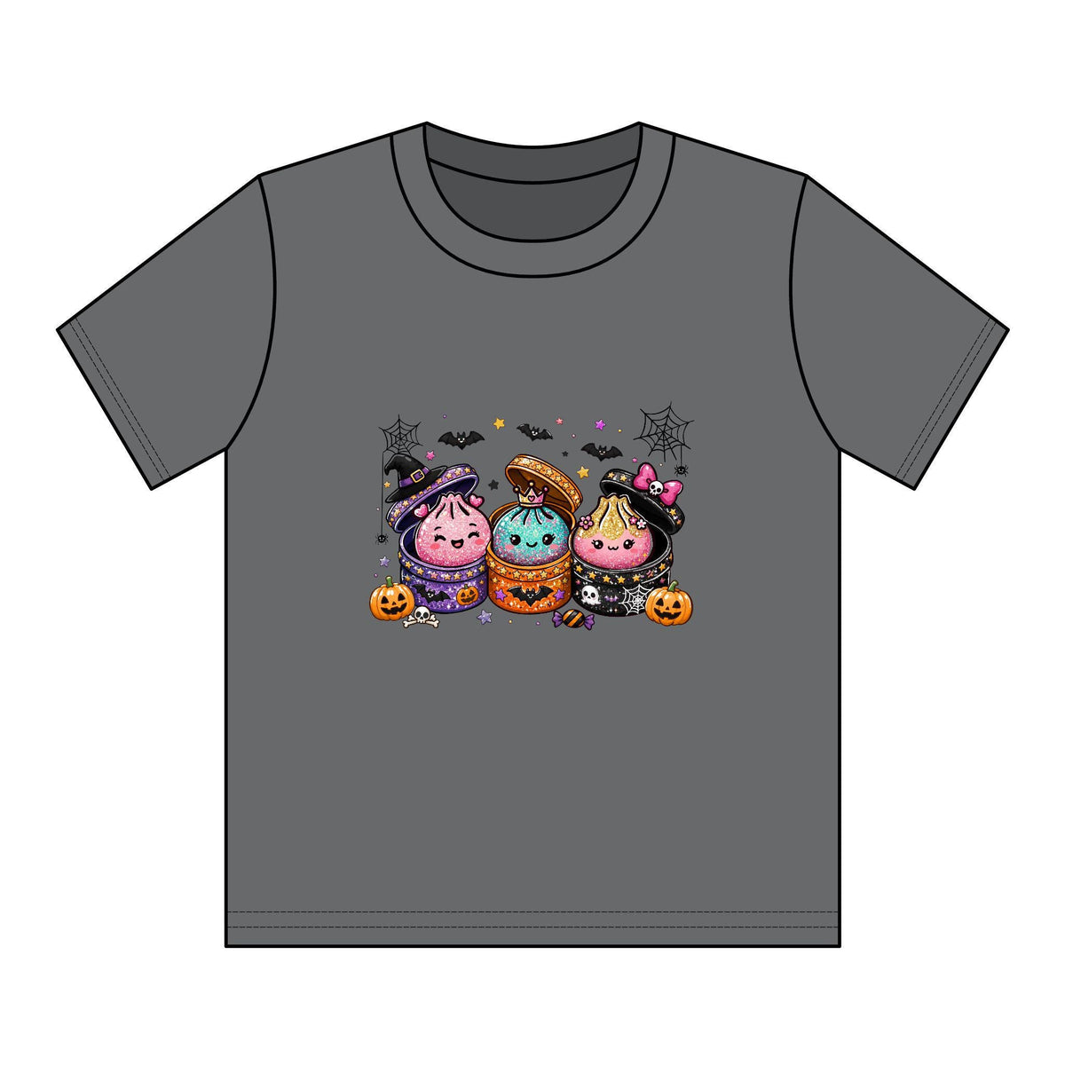 Gray youth tee with three colorful dumpling characters in Halloween costumes, surrounded by tiny pumpkins, bats, and cobweb accents unerquicklich
