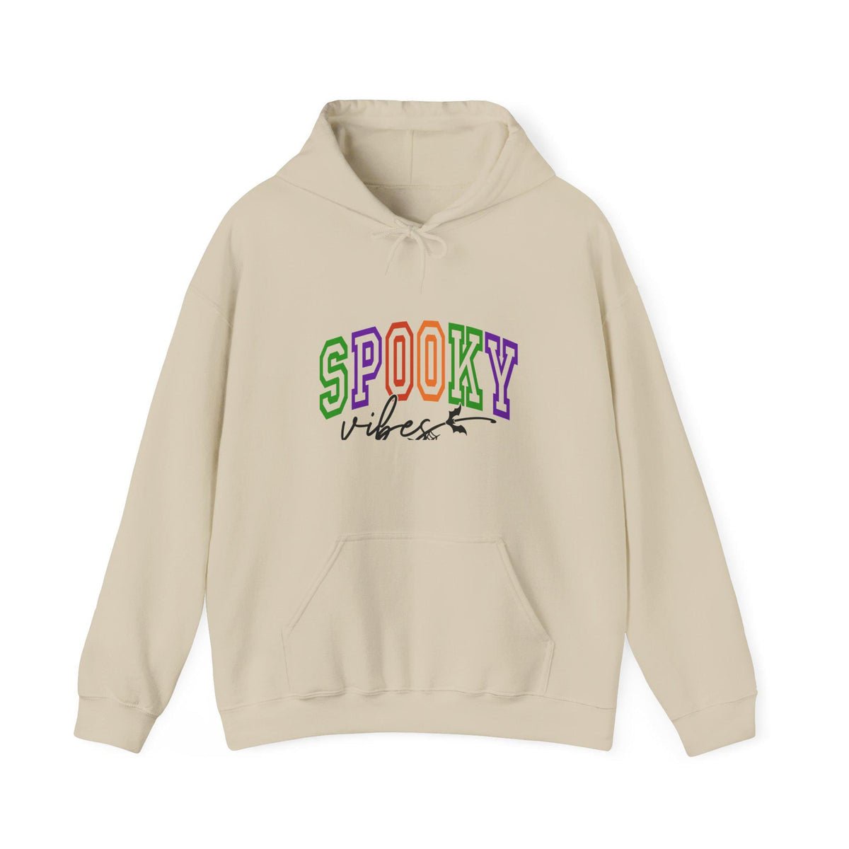 Beige graphic hoodie with colorful SPOOKY Vibes lettering, drawstring hood, long sleeves, and front kangaroo pocket for cozy seasonal womens fashion apparel