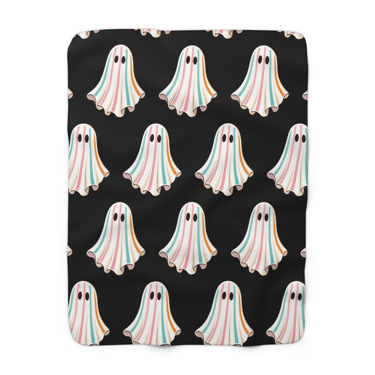 Pastel ghost patterned throw blanket featuring playful retro ghosts in pink blue and orange on a black background for seasonal home decor