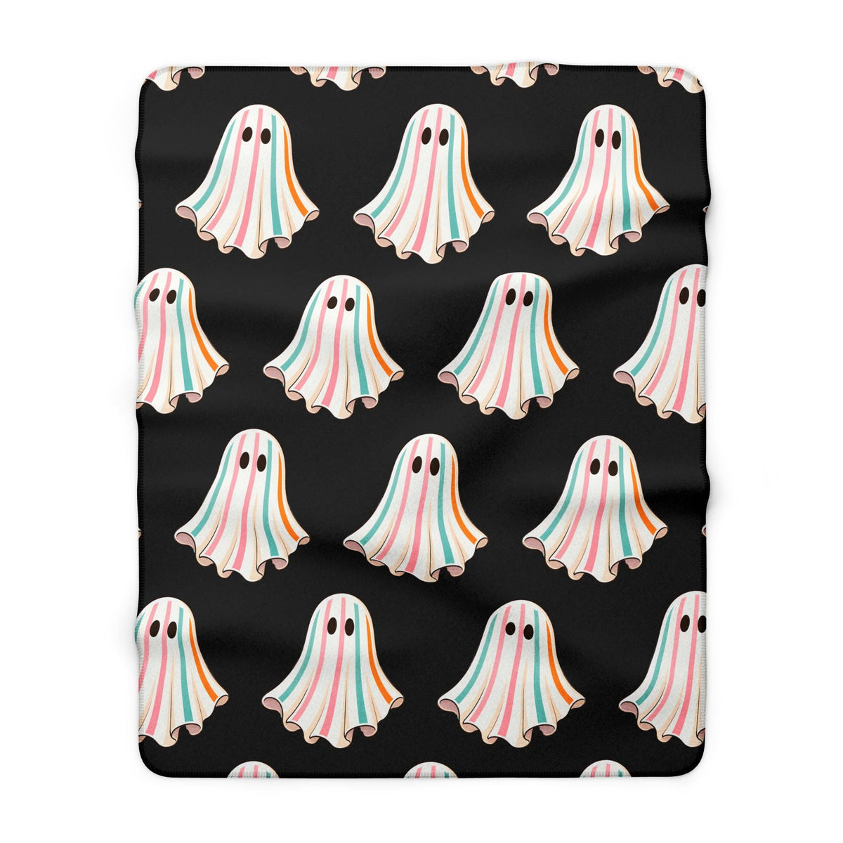 Black sherpa throw blanket featuring a repeating pattern of pastel ghosts with pink blue and orange stripes for playful seasonal home decor