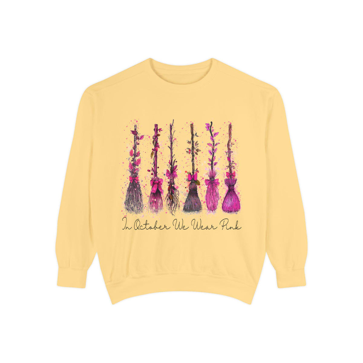 Yellow crewneck sweatshirt featuring six pink and purple floral stems with the message In October We Wear Pink for seasonal women's fashion from Printify