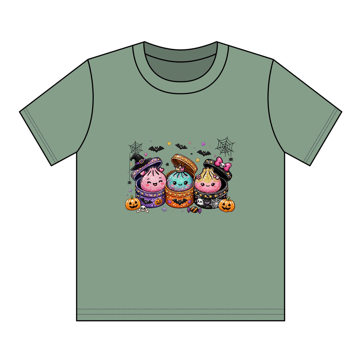 Green youth graphic tee featuring three cute Halloween dumpling characters in costumes with pumpkins bats and cobwebs for playful seasonal style