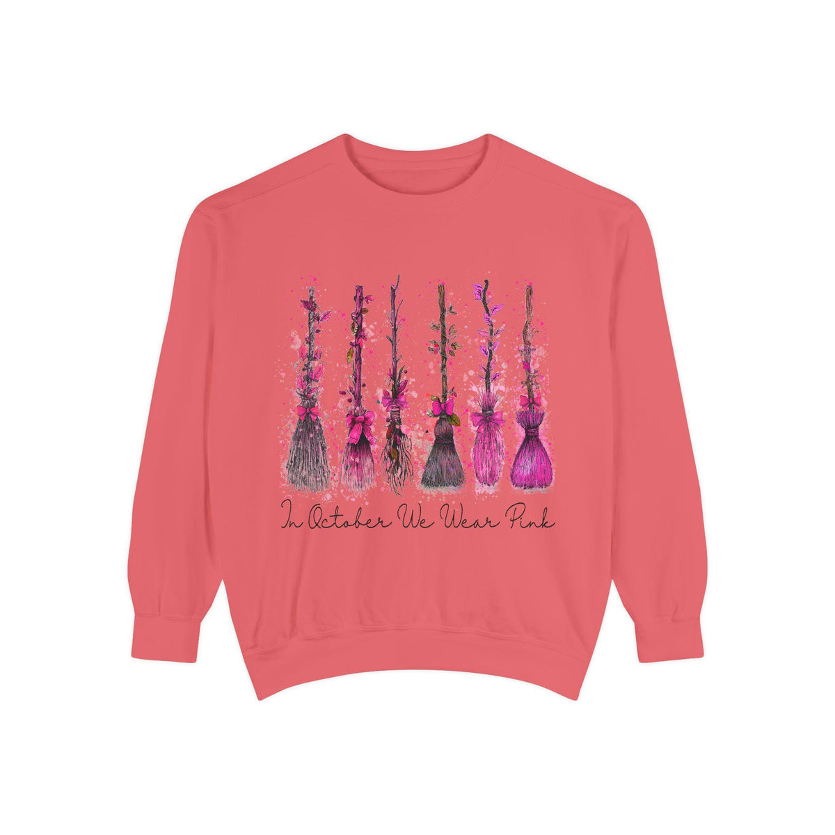 Coral pink crewneck sweatshirt featuring five pink floral vases and October We Wear Pink lettering for women's fashion and breast cancer awareness