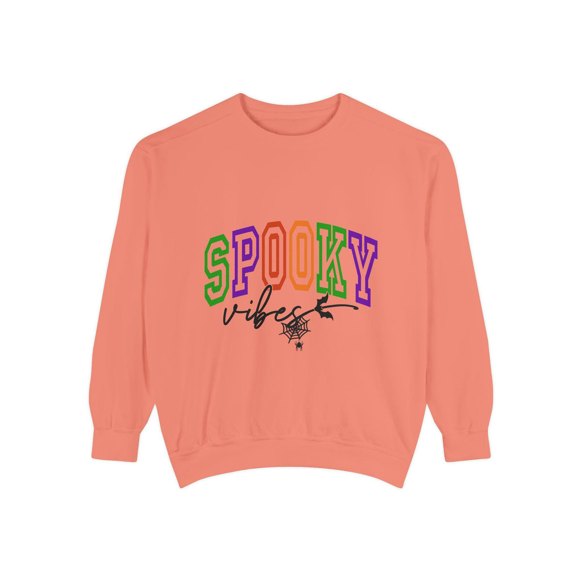 Coral Halloween sweatshirt featuring colorful SPOOKY lettering with black vibes script and a small spider graphic on the front