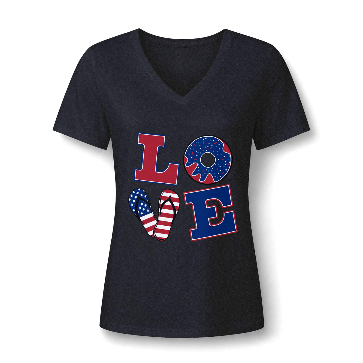 Women's black V neck graphic tee featuring bold LOVE lettering with American flag patterns in the O and V for a playful patriotic look
