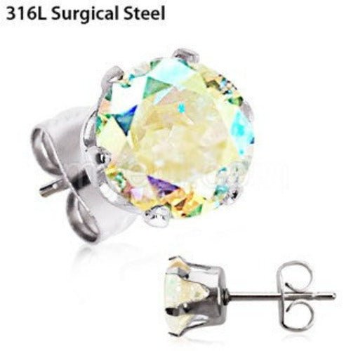 Pair of 316L stainless steel round cubic zirconia stud earrings with rainbow Aurora Borealis sparkle from Fashion Hut Jewelry in the Jewelry collection