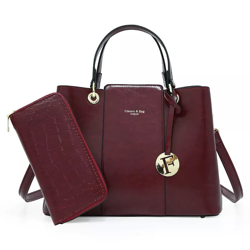 Maroon faux crocodile handbag set with matching zip wallet top handles shoulder strap and gold tone hardware for stylish everyday use