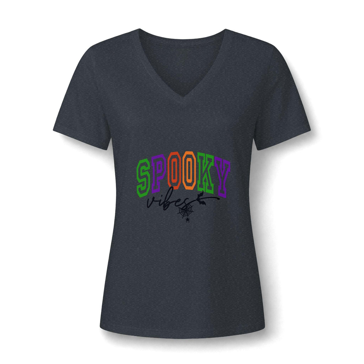Dark gray womens V neck graphic tee with colorful SPOOKY lettering and playful Halloween inspired artwork on the front
