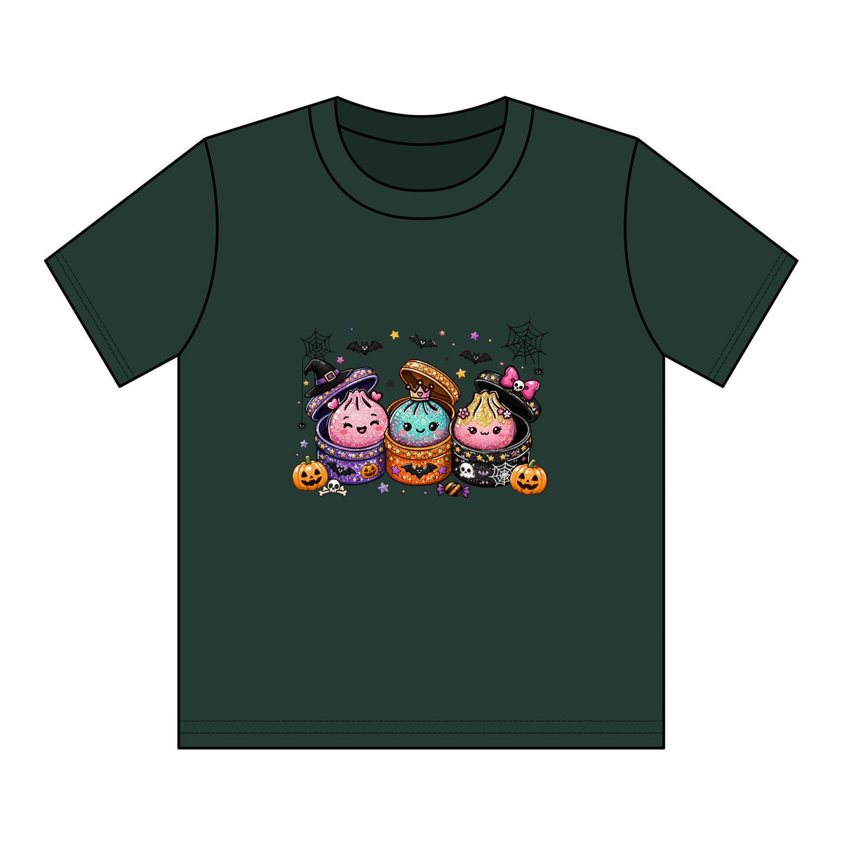 Youth dark green graphic tee with three cute Halloween dumpling characters in costumes surrounded by pumpkins bats and cobwebs from Drizzle and Tizzle
