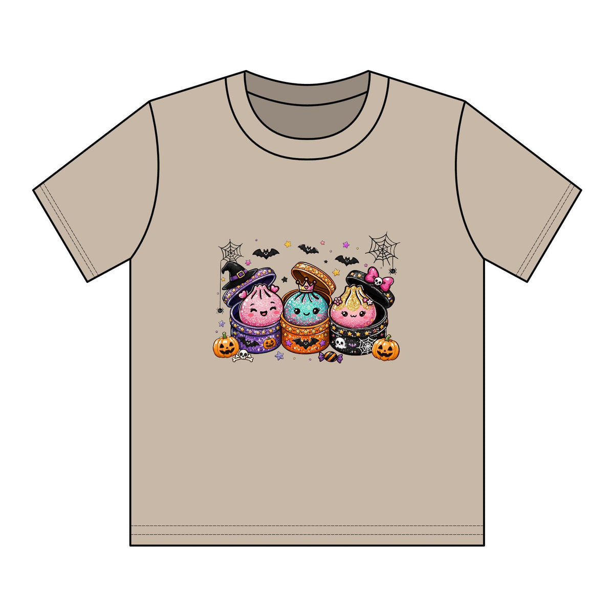 Youth beige graphic T shirt featuring three colorful Halloween dumpling characters in costumes with pumpkins, bats, and cobweb details