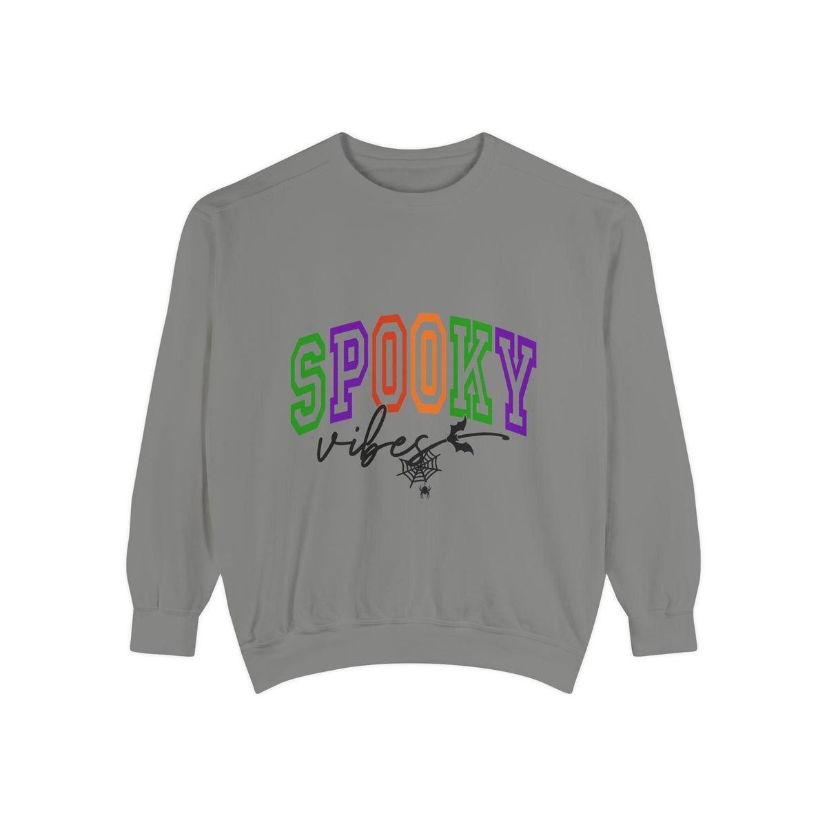 Gray sweatshirt with colorful varsity lettering reading SPOOKY vibes and a small spider web graphic centered on the front