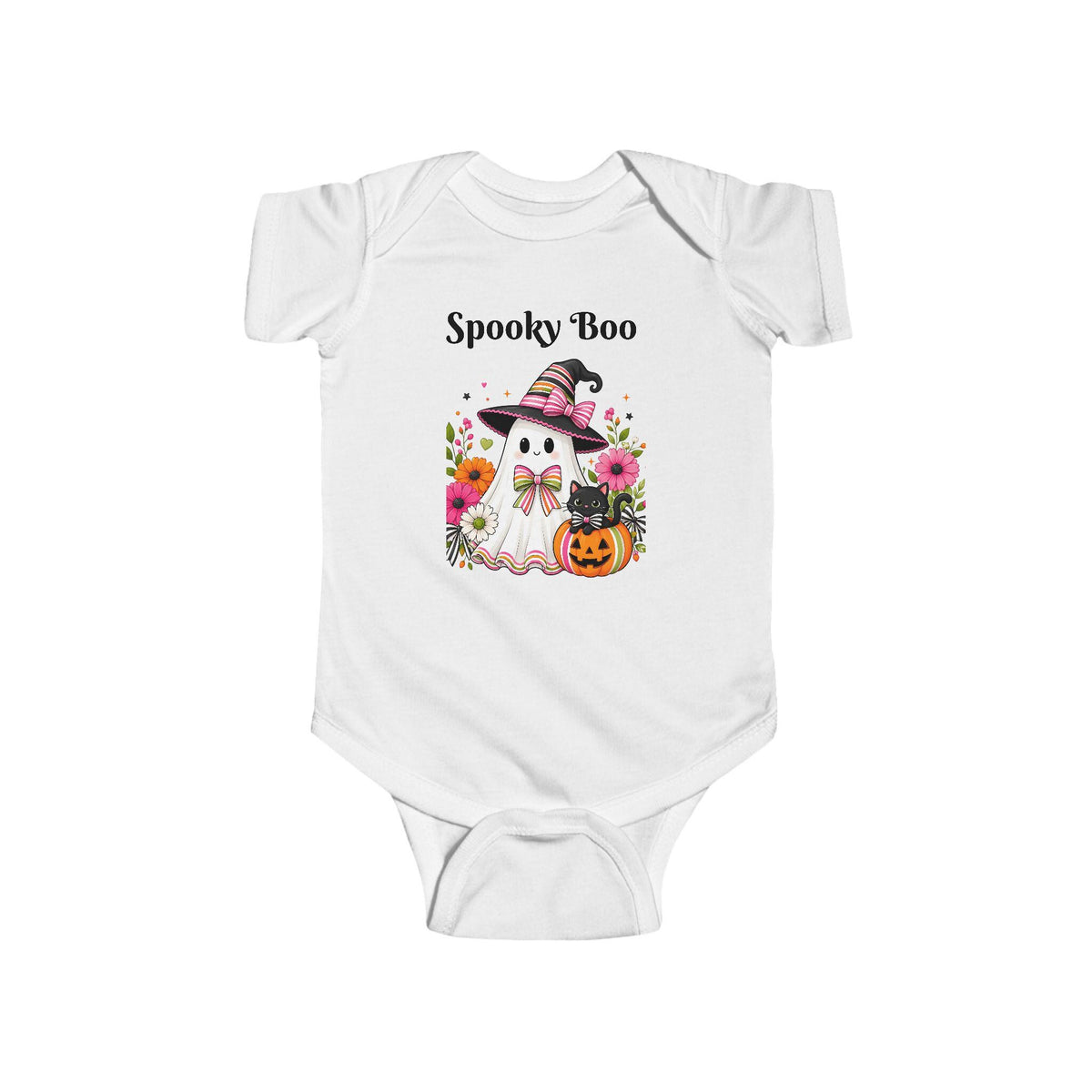 White infant bodysuit with Spooky Boo Halloween graphic featuring a ghost in a striped witch hat flowers and pumpkin from Drizzle and Tizzle Kids