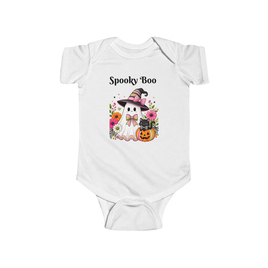 White infant bodysuit with Spooky Boo Halloween graphic featuring a ghost in a striped witch hat flowers and pumpkin from Drizzle and Tizzle Kids