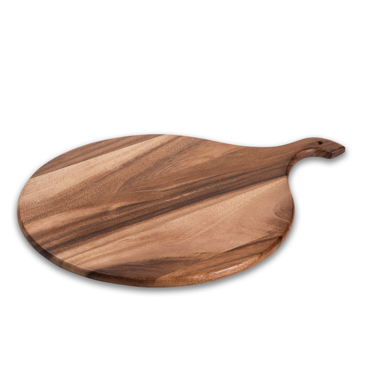 Round acacia wood cutting board with a shaped handle and hanging hole for serving charcuterie appetizers or bread