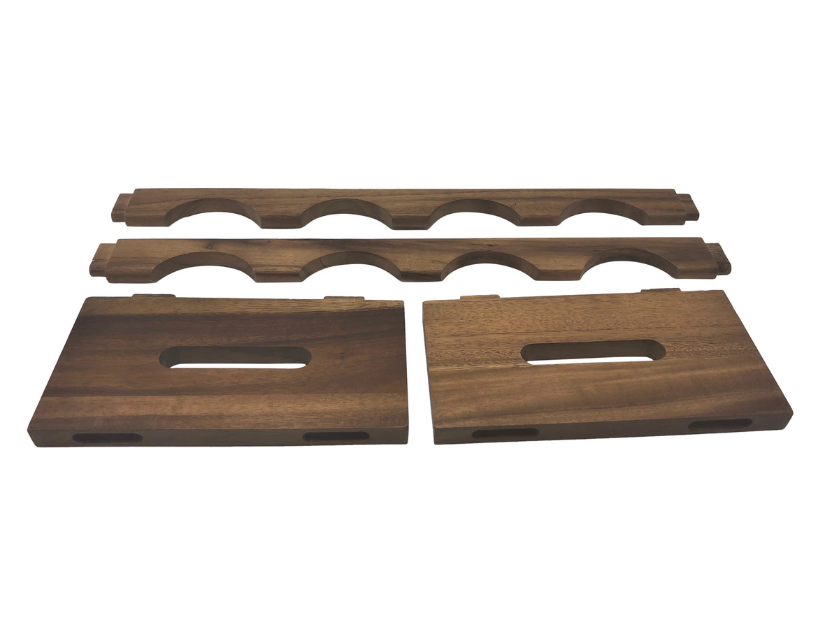 Disassembled wooden stackable wine rack with curved bottle supports and two base panels from DC-Kalmar Home for Home beyond decor