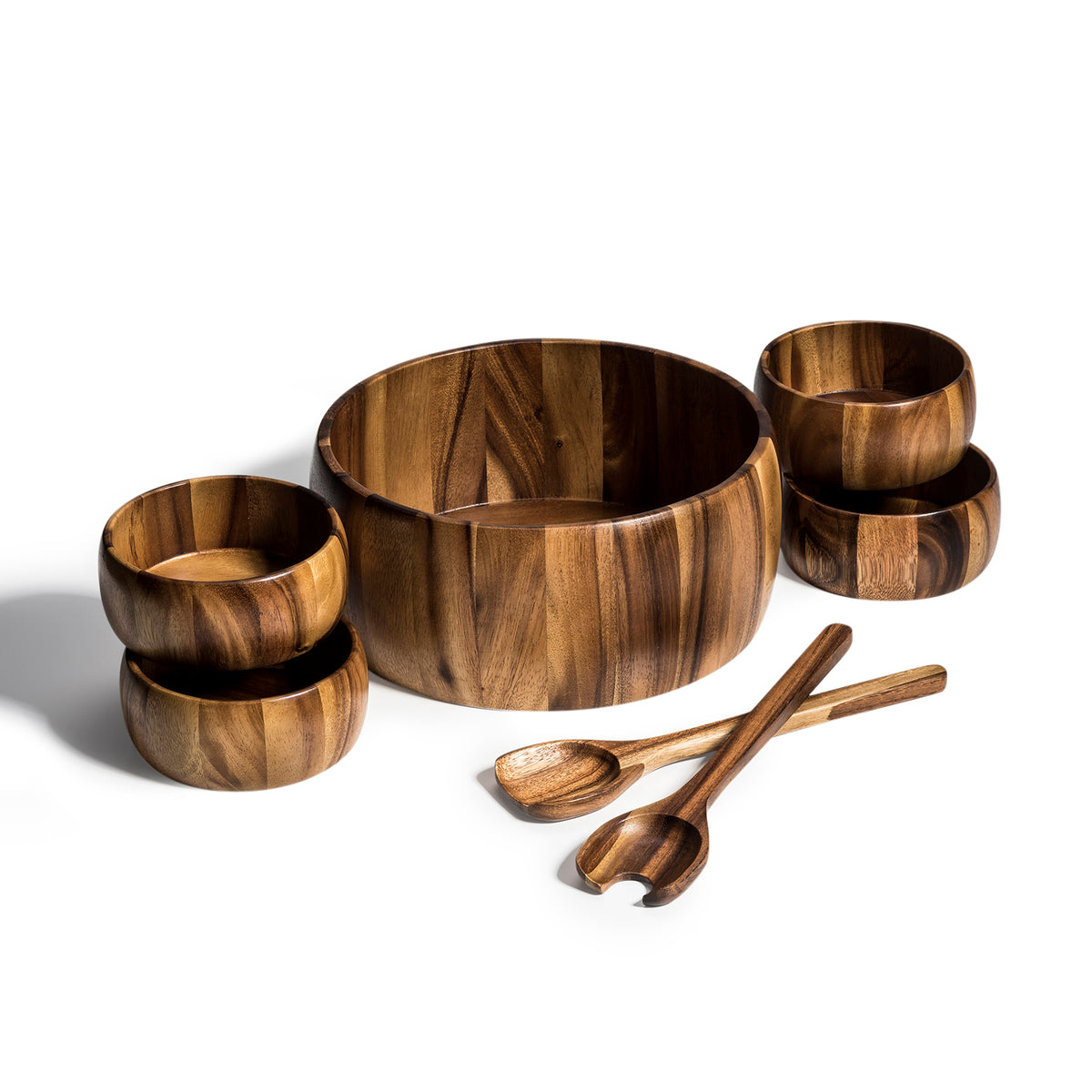 Wooden seven piece salad bowl set with large serving bowl four individual bowls and serving utensils from DC-Kalmar Home for Home and beyond decor