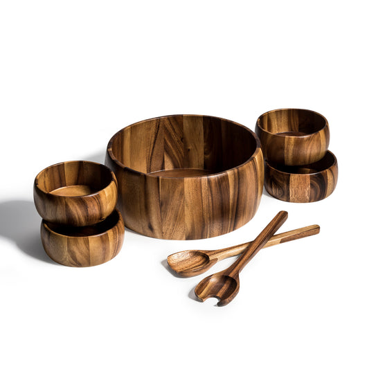 Wooden seven piece salad bowl set with large serving bowl four individual bowls and serving utensils from DC-Kalmar Home for Home and beyond decor