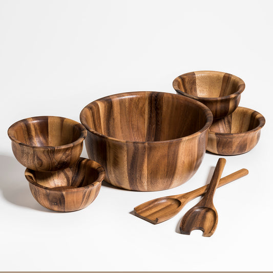 Wooden salad bowl set with one large bowl four matching individual bowls and serving utensils from DC Kalmar Home for home decor collections