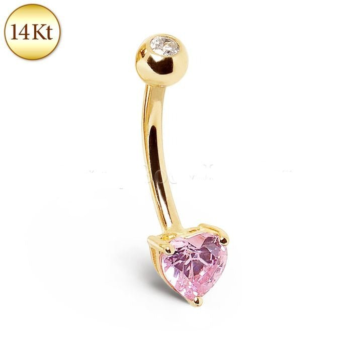 14kt gold navel ring with a prong set pink heart shaped cubic zirconia gemstone on a white background from Fashion Hut Jewelry jewelry collection